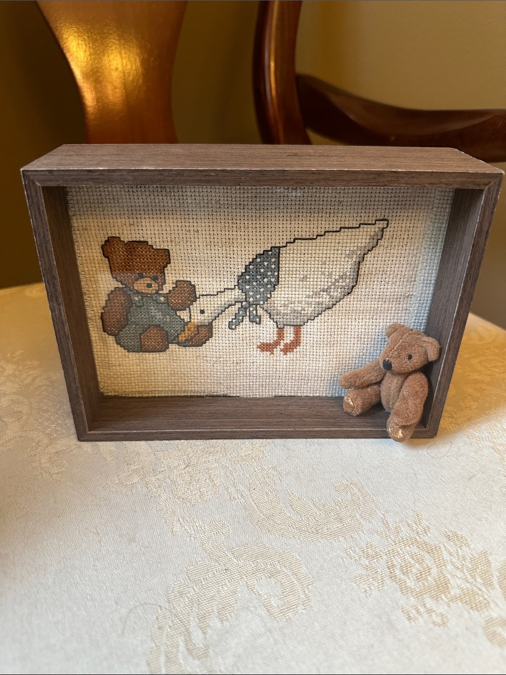 Vintage kitsch teddy bear and goose cross stitch shadow box w/wood frame